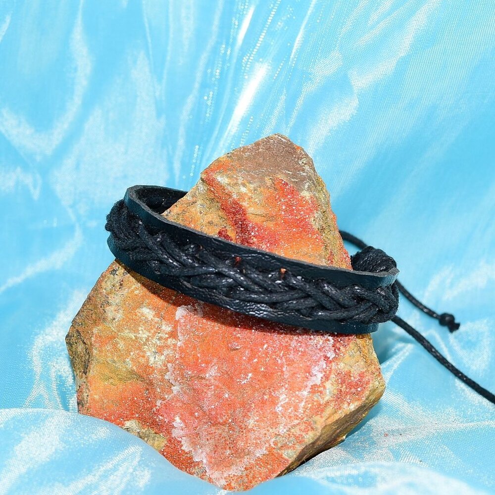 Caz Punch Cross Stitch Leather Bracelet Black on Black Gift Packaged